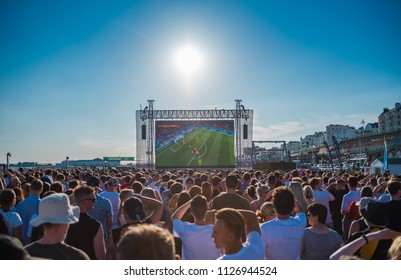 Brighton, UK, July 3rd, 2018.  World Cup Football Fans Attending The England Vs Columbia Game, Live, On A Giant Screen By The Beach