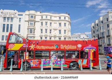 Brighton, UK - June 3 2022: Brighton beach open top bus tour, East Sussex 