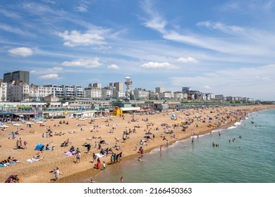 Brighton, UK - June 3 2022: View of Brighton beach and seafront from Brighton Pier, East Sussex 