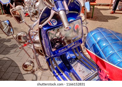 Brighton, United Kingdom - August 25, 2018: Footwell Detail Of Mod Culture Scooter Showing Artwork From Quadrophenia