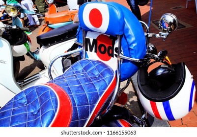 Brighton, United Kingdom - August 25, 2018: Detail Of Rear Of Seat Of Mod Culture Scooter Displaying The Word Mods