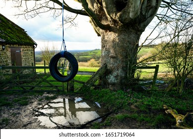 Brill, Buckinghamshire / UK - 02/17/2020: Old Tyre Swing. Recycled Vehicle Tyre Used As A Swing.