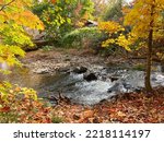 Brilliant autumn foliage in colors of yellow, brown and orange surround a small stream with water flowing over the rapids near Kentville, Nova Scotia