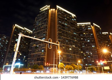 Brilliant Crossroads And Residential Buildings At Night In Wuchang District, Wuhan City, Hubei Province, China