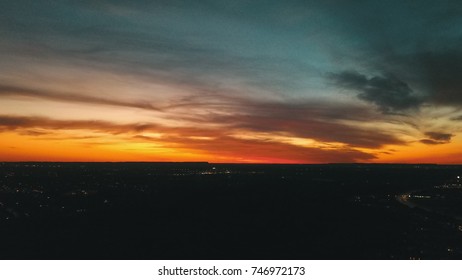 Brilliant Rainbow Sunset Skyline Taken From A Drone.