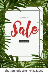 Brilliant Summer Sale Template Designed With Tropical Leaves Background Photo. For Your Summer Sale Banner, Summer Sale Flyer, Sale Promotion, Ad, Poster, Flier, Blog, Article, Social Media, Marketing