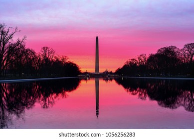 Brilliant sunrise Washington DC Skyline, Washington Monument, Reflecting Pool, Washington DC