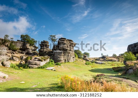 Brimham Rocks on a sunny day / Brimham Rocks on Brimham Moor in North Yorkshire are weathered sandstone, known as Millstone Grit,creating some dramatic shapes, many of which have been named