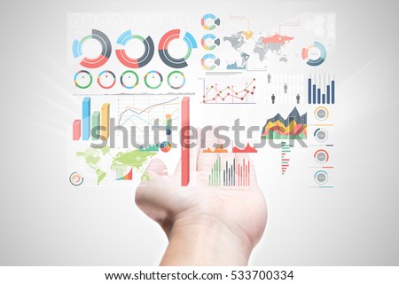 bring business marketing information in your hand . modern exclusive management chart infographic display on over in manager male open palm on white background