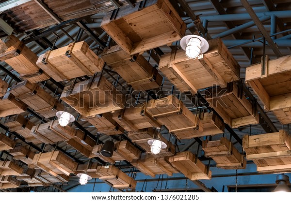 Bringing Wooden Crates Decorate On Ceiling Backgrounds Textures