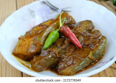 Brinjal Curry Over White Background,selective Focus