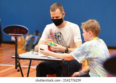 Brisbane, Australia - APRIL 02 2022: Brisbane Autumn 2022 Speedcubing Competition, Competitor Mid Solve 2x2x2 Cube Event, First Round.