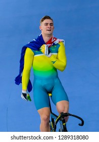 BRISBANE, AUSTRALIA - APRIL 06, 2018 : Matt Glaetzer of Australia celebrates winning gold in the Men's Keirin Finals during Gold Coast 2018 Commonwealth Games at Anna Meares Velodrome.