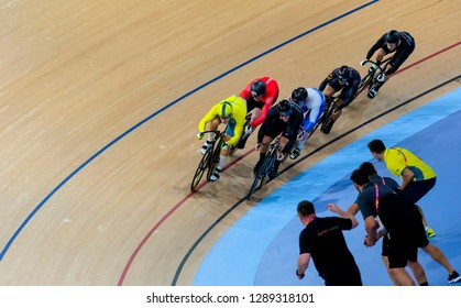 BRISBANE, AUSTRALIA - APRIL 06, 2018 : Matt Glaetzer of Australia races to the line to win gold in the Men's Keirin Finals during Gold Coast 2018 Commonwealth Games at Anna Meares Velodrome.