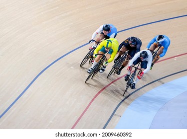 BRISBANE, AUSTRALIA - APRIL 06, 2018: Muhammad Fadhil Mohd Zonis (C) of Malaysia during Men's Keirin track cycling, Gold Coast 2018 Commonwealth Games at Anna Meares Velodrome.