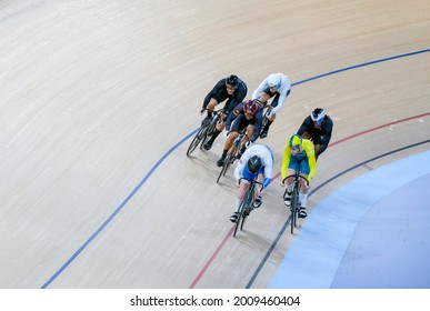 BRISBANE, AUSTRALIA - APRIL 06, 2018: Muhammad Fadhil Mohd Zonis (2nd L) of Malaysia during Men's Keirin track cycling, Gold Coast 2018 Commonwealth Games at Anna Meares Velodrome.