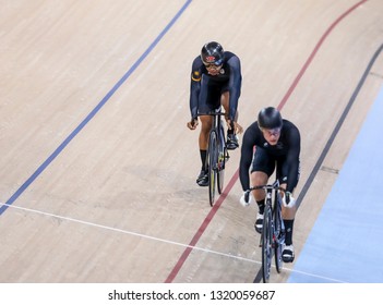 BRISBANE, AUSTRALIA - APRIL 07, 2018 : Riders During Men's Sprint Gold Coast 2018 Commonwealth Games At Anna Meares Velodrome.