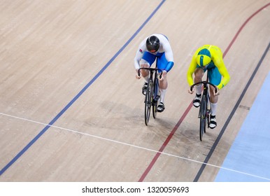 BRISBANE, AUSTRALIA - APRIL 07, 2018 : Riders During Men's Sprint Gold Coast 2018 Commonwealth Games At Anna Meares Velodrome.