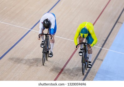 BRISBANE, AUSTRALIA - APRIL 07, 2018 : Riders During Men's Sprint Gold Coast 2018 Commonwealth Games At Anna Meares Velodrome.