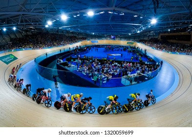 BRISBANE, AUSTRALIA - APRIL 07, 2018 :  Riders In The Womens 25km Points Race Gold Coast 2018 Commonwealth Games At Anna Meares Velodrome.