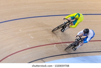 BRISBANE, AUSTRALIA - APRIL 07, 2018 : Riders During Men's Sprint Gold Coast 2018 Commonwealth Games At Anna Meares Velodrome.