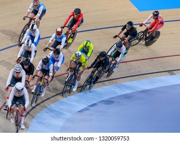 BRISBANE, AUSTRALIA - APRIL 07, 2018 :  Riders In The Womens 25km Points Race Gold Coast 2018 Commonwealth Games At Anna Meares Velodrome.