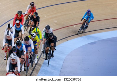 BRISBANE, AUSTRALIA - APRIL 07, 2018 :  Riders In The Womens 25km Points Race Gold Coast 2018 Commonwealth Games At Anna Meares Velodrome.