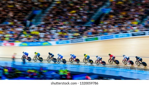 BRISBANE, AUSTRALIA - APRIL 07, 2018 :  Riders In The Womens 25km Points Race Gold Coast 2018 Commonwealth Games At Anna Meares Velodrome.