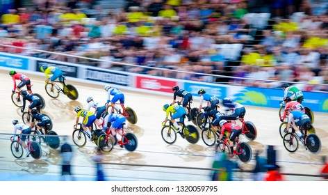 BRISBANE, AUSTRALIA - APRIL 07, 2018 :  Riders In The Womens 25km Points Race Gold Coast 2018 Commonwealth Games At Anna Meares Velodrome.