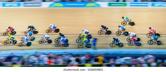 BRISBANE, AUSTRALIA - APRIL 07, 2018 :  Riders In The Womens 25km Points Race Gold Coast 2018 Commonwealth Games At Anna Meares Velodrome.