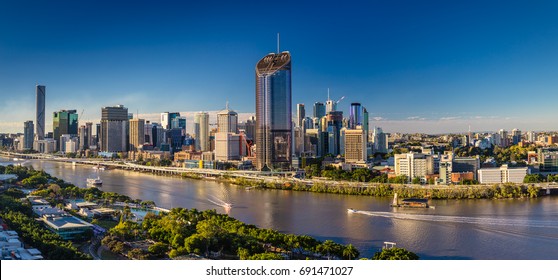 BRISBANE, AUSTRALIA - August 05 2017: Panoramic areal image of Brisbane CBD and South Bank. Brisbane is the capital of QLD and the third largest city in Australia