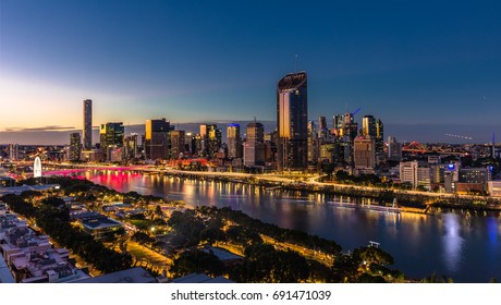 BRISBANE, AUSTRALIA - August 05 2017: Night time areal image of Brisbane CBD and South Bank. Brisbane is the capital of QLD and the third largest city in Australia