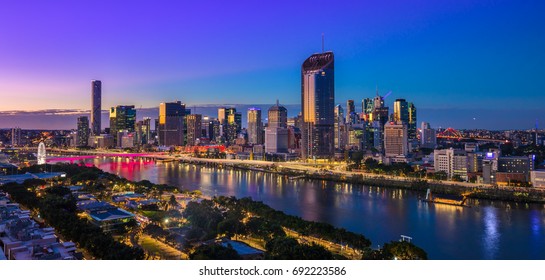 BRISBANE, AUSTRALIA - August 05 2017: Night time areal image of Brisbane CBD and South Bank. Brisbane is the capital of QLD and the third largest city in Australia
