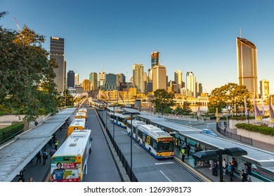 BRISBANE, AUSTRALIA - August 08 2018: Panoramic areal image of Brisbane CBD from Culture Centre bus station. Brisbane is the capital of QLD and the third largest city in Australia.