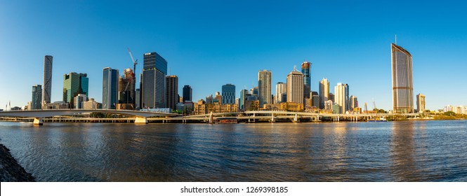 BRISBANE, AUSTRALIA - August 08 2018: Panoramic areal image of Brisbane CBD. Brisbane is the capital of QLD and the third largest city in Australia.