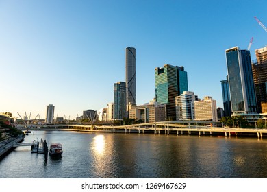 BRISBANE, AUSTRALIA - August 08 2018: Panoramic areal image of Brisbane CBD. Brisbane is the capital of QLD and the third largest city in Australia.