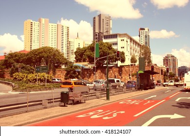 Brisbane, Australia - City Street View With Skyscrapers In Background. Bus Lane. Retro Filtered Colors.