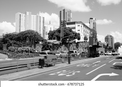 Brisbane, Australia - City Street View With Skyscrapers In Background. Bus Lane. Black And White Retro Style.