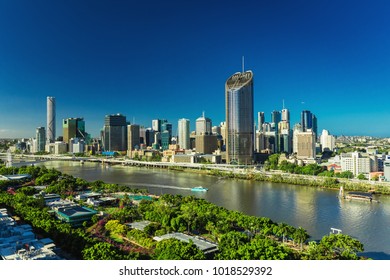 BRISBANE, AUSTRALIA - Dec 29 2016: Panoramic areal image of Brisbane CBD and South Bank. Brisbane is the capital of QLD and the third largest city in Australia