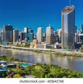 BRISBANE, AUSTRALIA - Dec 29 2016: Areal image of Brisbane CBD, river and South Bank, Australia