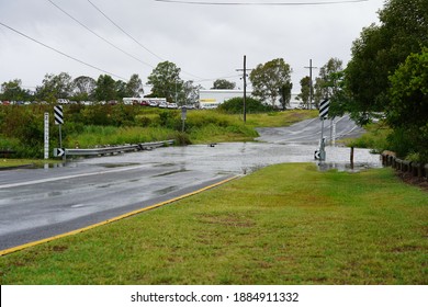 Brisbane, Australia - December 13, 2020: Flooded Road After Heavy Rainfall. The La Nina Weather Event Has Bought Above Average Rainfall. 