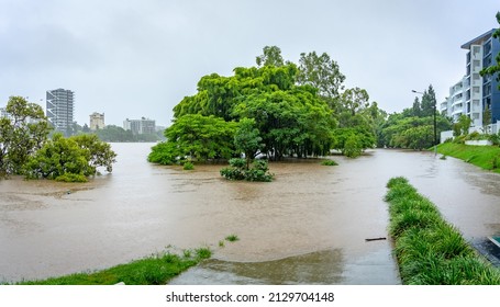 Brisbane, Australia - Feb 27, 2022: Roads flooded after the heavy rain in West End suburb, flood