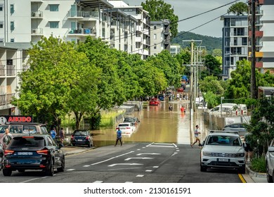 Brisbane, Australia - Feb 28, 2022: Roads flooded after the heavy rain in West End suburb