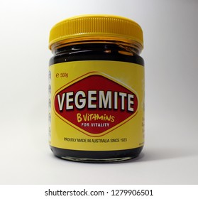 Brisbane, Australia - January 10, 2018: Vegemite brand Yeast Extract, a thick black Australian food spread made from leftover brewers yeast extract with vegetables and spice. Popular in Australia. 