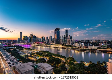 BRISBANE, AUSTRALIA - July 20 2019: Night time areal image of Brisbane CBD and South Bank. Brisbane is the capital of QLD and the third largest city in Australia