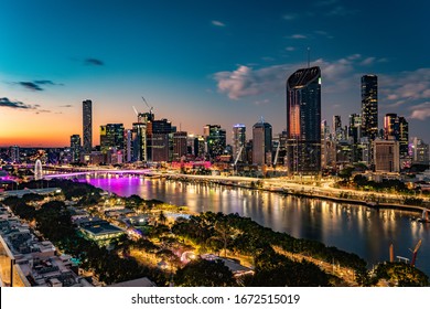 BRISBANE, AUSTRALIA - July 20 2019: Night time areal image of Brisbane CBD and South Bank. Brisbane is the capital of QLD and the third largest city in Australia