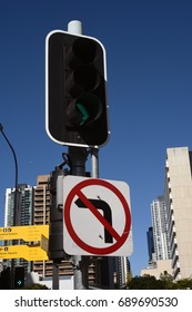 Brisbane, Australia. July 2017 - Editorial Use Only: Traffic Signal With 'no Left Turn' Sign.