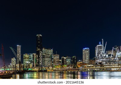 Brisbane, Australia - July 21 2021: Buildings Lit Up Anticipating Brisbane Olympics 2032 Hosting Announcement