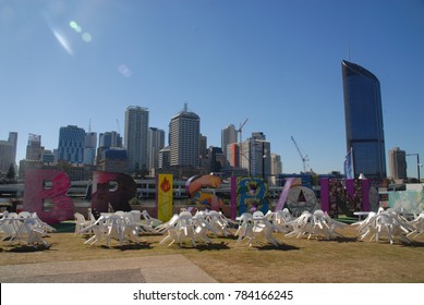 Brisbane, Australia - July 27, 2017: Brisbane Sign At South Bank And 1 William Street