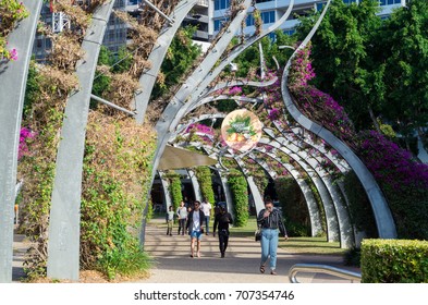 Brisbane, Australia - July 9, 2017: The Arbour is a pedestrian walkway running the length of the Brisbane South Bank parklands. The structure is covered in bougainvillea.